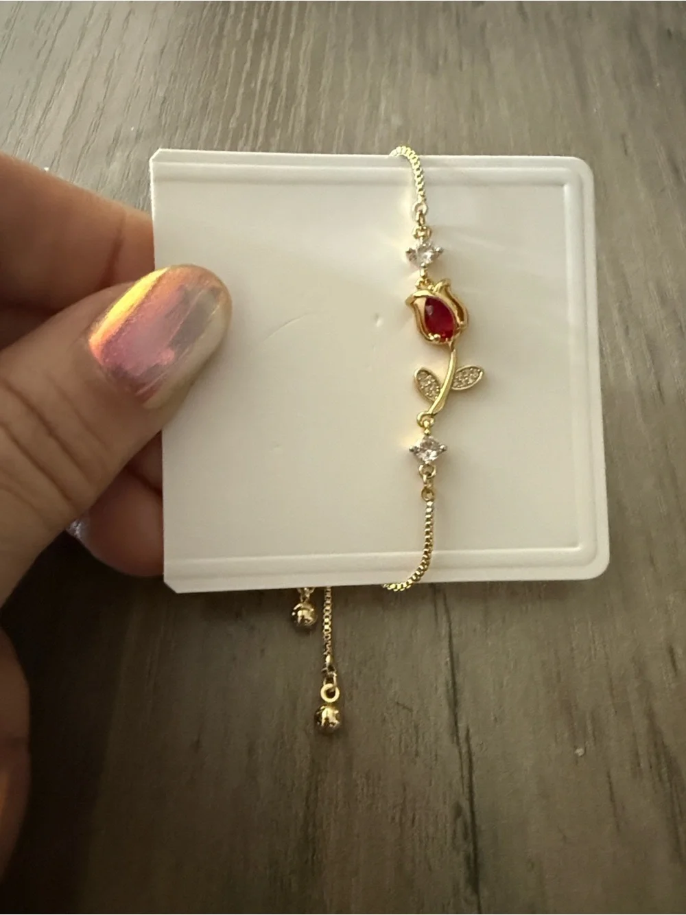 Dainty 14K Gold Plated Rose Bracelet with Red Gemstone Adjustable Jewelry